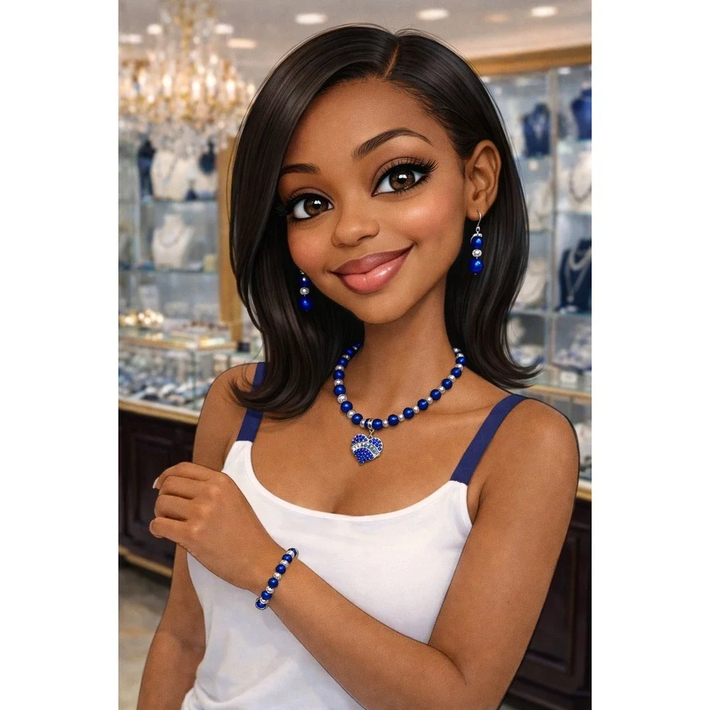 Zeta Phi Beta Jewelry Set Blue and white Necklace, Bracelet and‎ Earrings